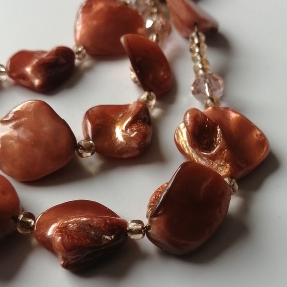 Genuine Shell Coral Pink Colour Multi-Strand Goldplated Necklace & Earrings Set - Picture 4 of 8
